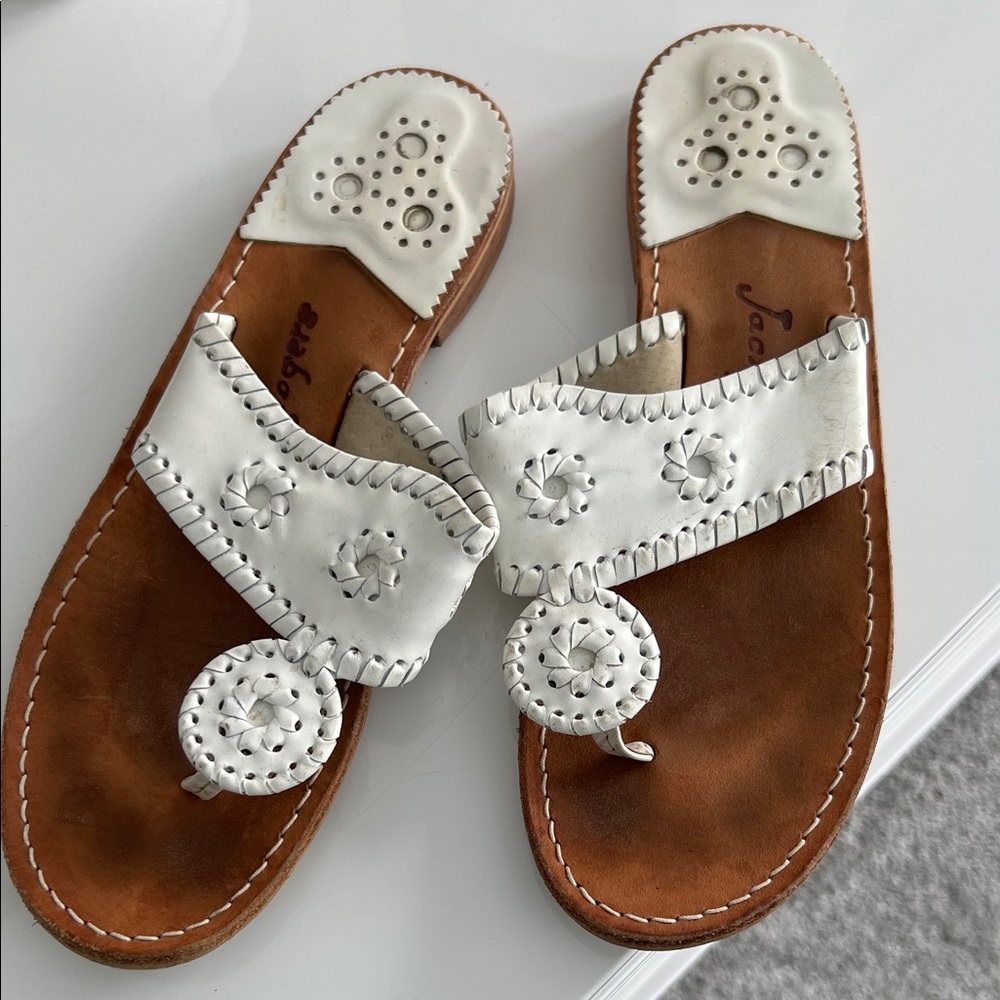 Jack Rogers White Leather Sandals with Brown Sole